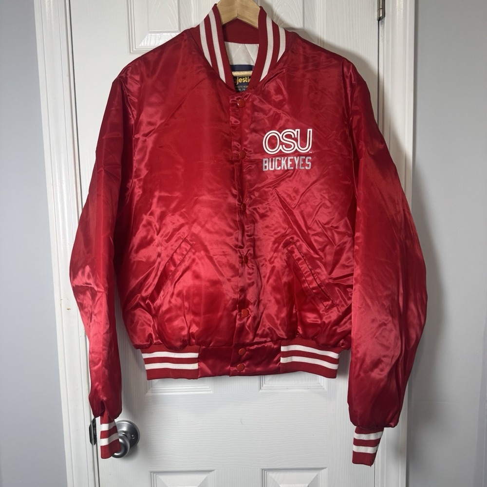 Vintage Ohio State Buckeyes Majestic‎ Red Satin Bomber Jacket Sz L NWOT